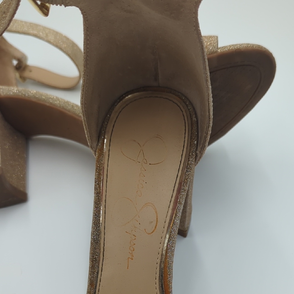 Jessica Simpson Gold Glitter Block Heel Sandals - Picture 11 of 13